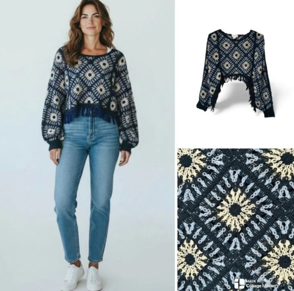 House of Harlow 1960 Navy Cream Crochet Fringe Cropped Sweater OS 70s Revival